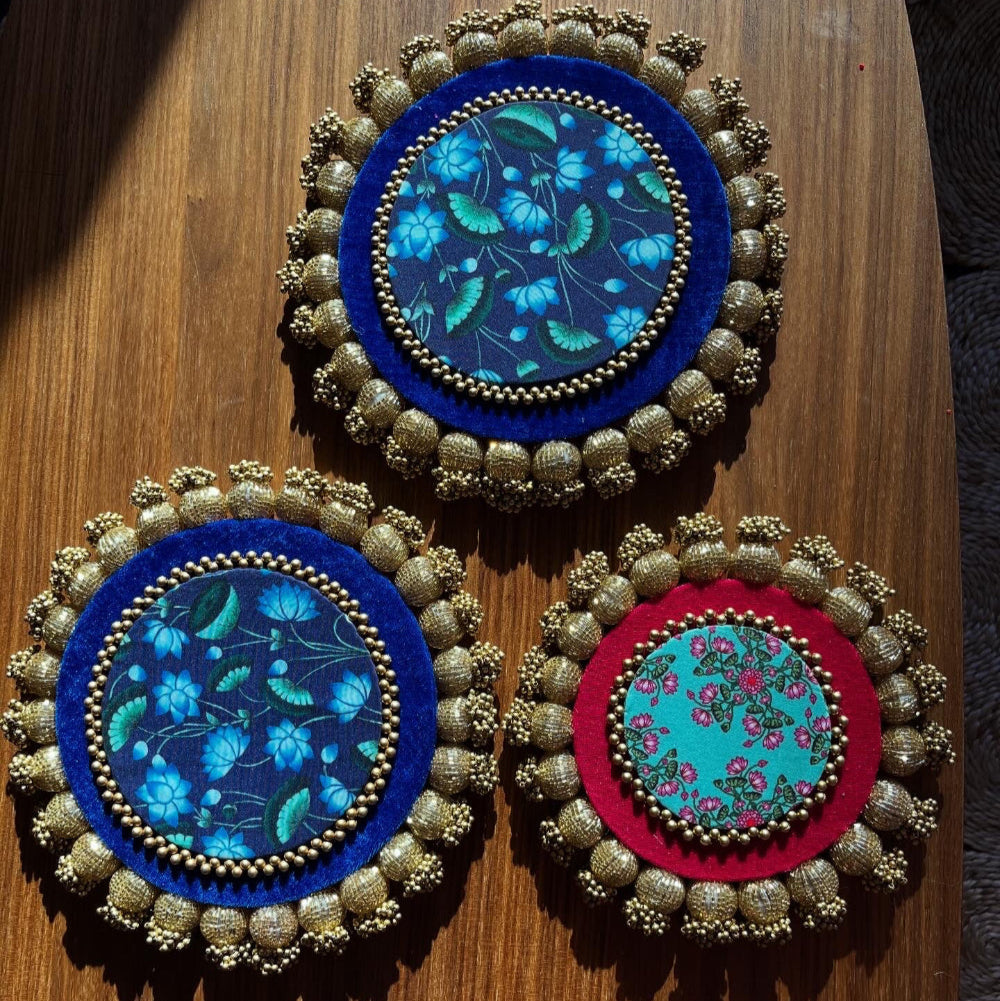 Reversible Round Placemat (Set of 3) - Pink/Navy Patola