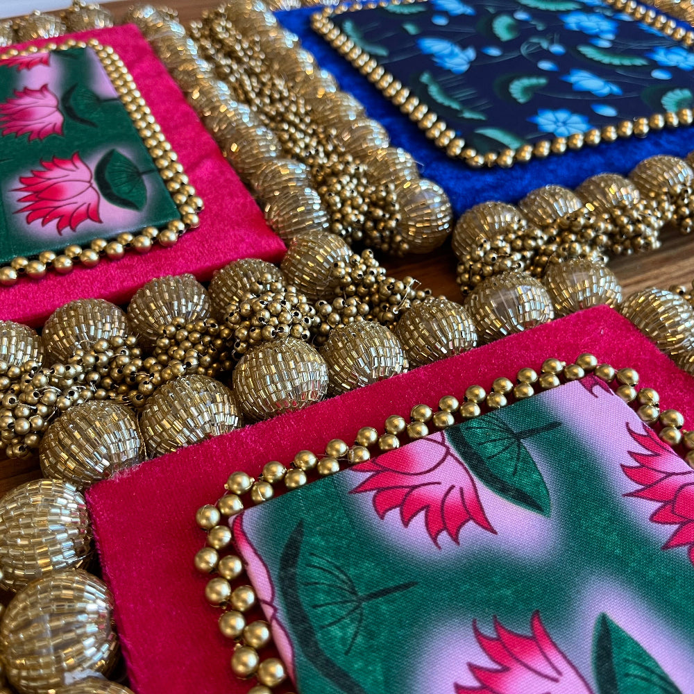 Reversible Square Placemat (Set of 3) - Blue/Pink Pichwai