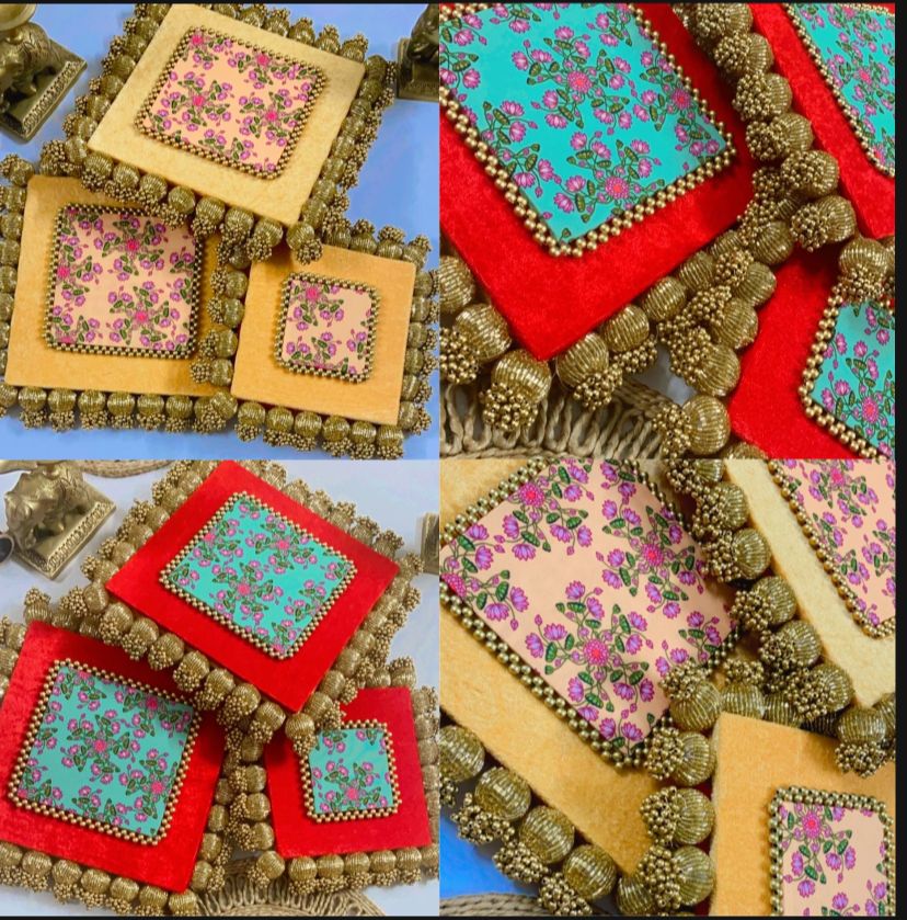 Reversible Square Placemat (Set of 3) - Red/Beige Pichwai