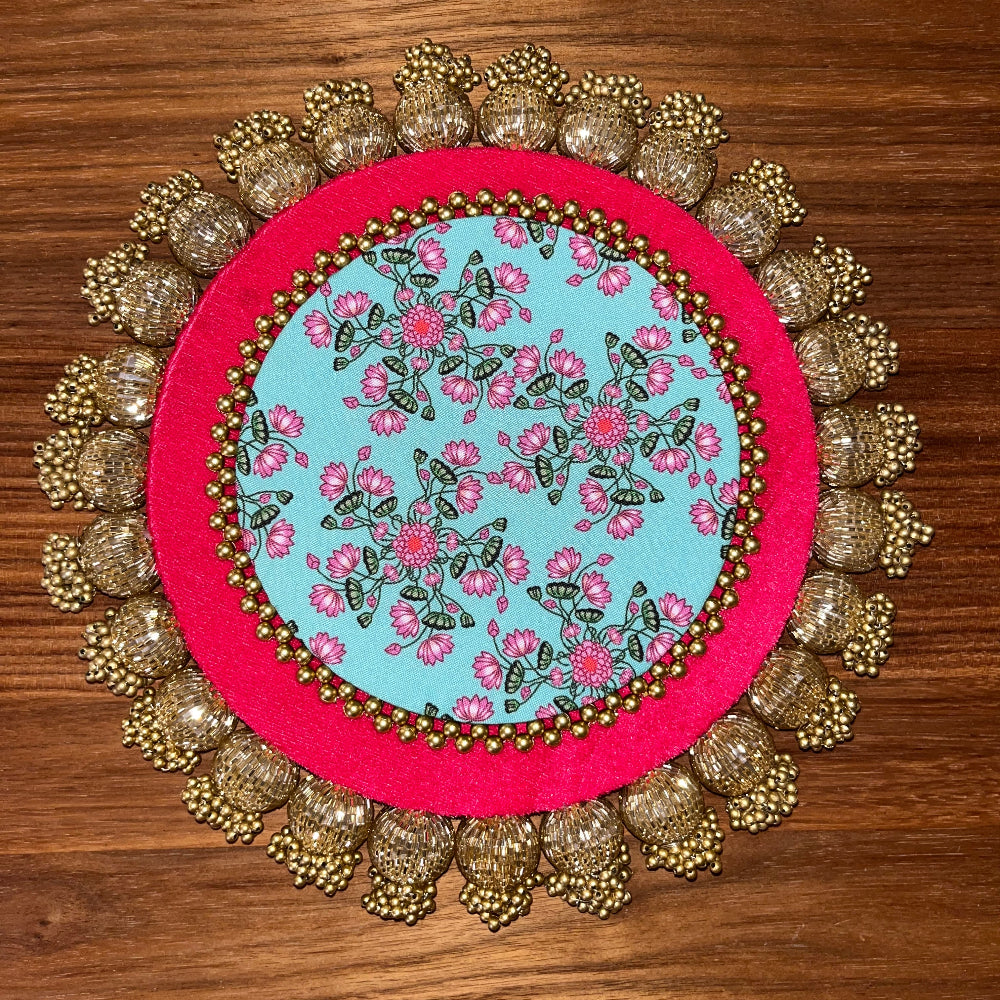 10inch Reversible Placemats - Blue Lotus & Mint Green Pichwai Print