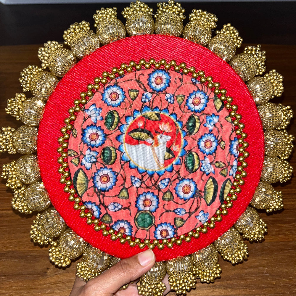 10inch Reversible Placemats - Maroon Patola &  Red Nandi Cow