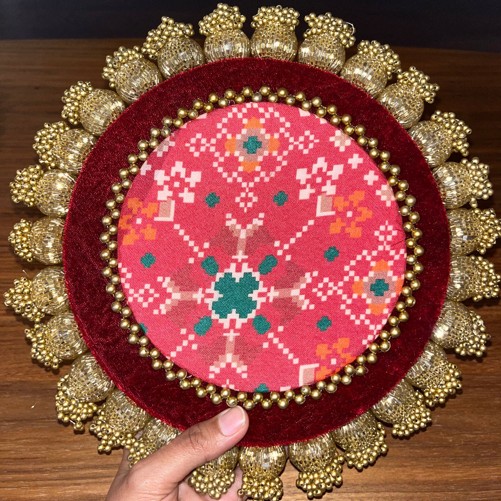 10inch Reversible Placemats - Maroon Patola &  Red Nandi Cow